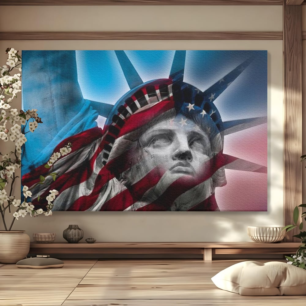 Tablou canvas cu statuia libertatii suprapusa cu steagul american, fara rama, pe sasiu de lemn